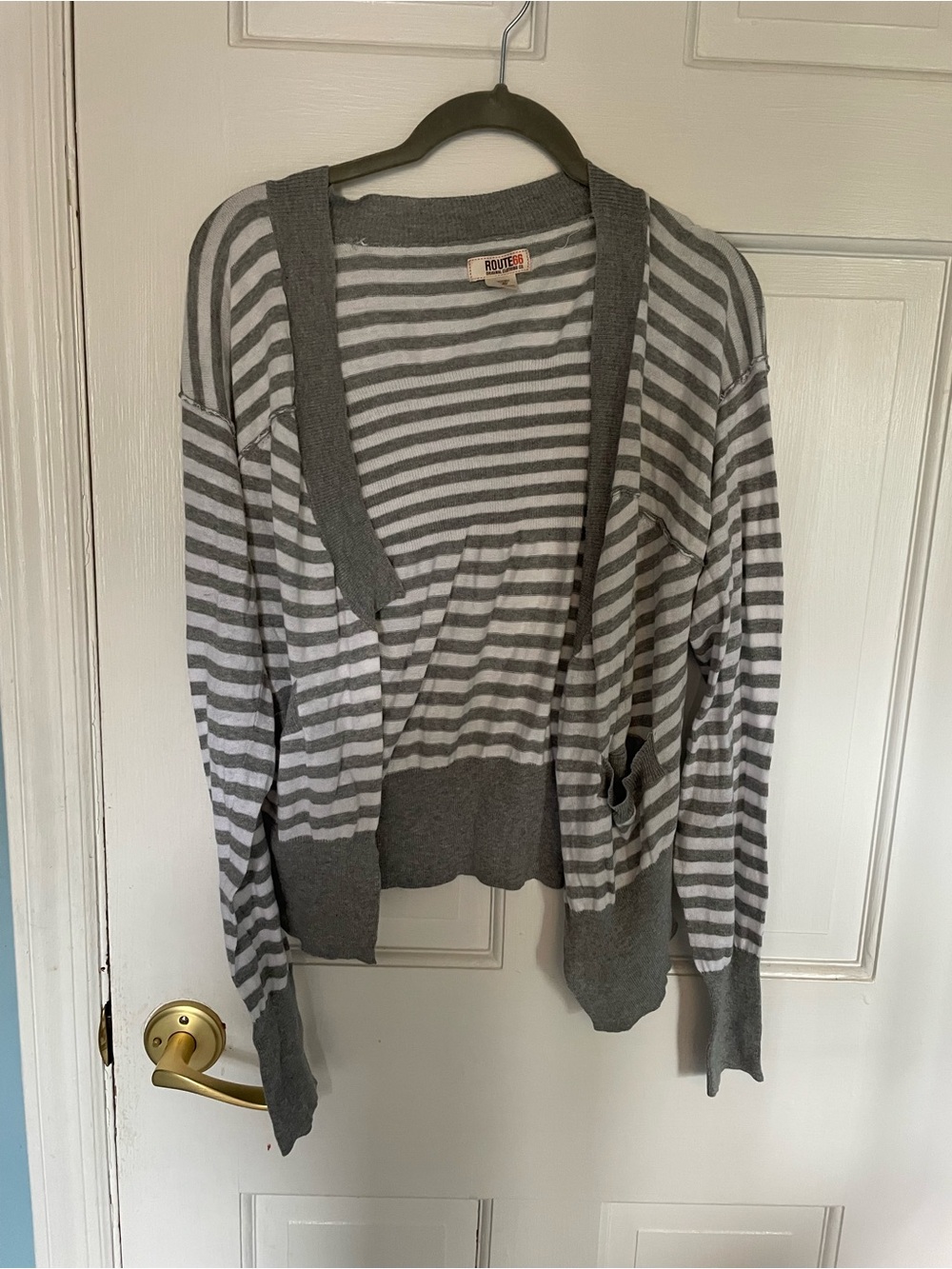 Gray & White Route 66 Striped Open-Front Women’s Sweater